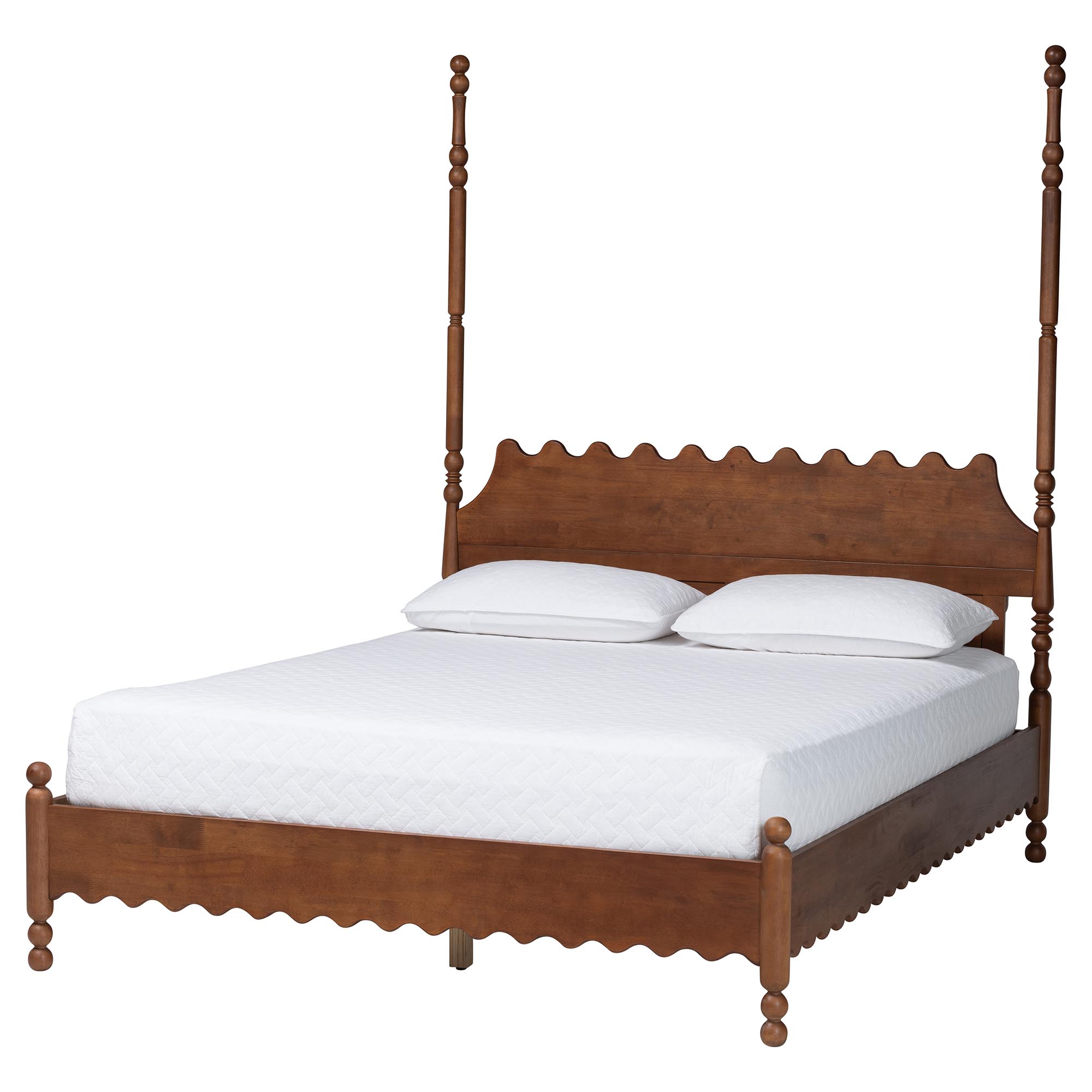 Baxton Studio Hoffman Platform Bed - Farmhouse Bed Frame with Scalloped Design and Turned Posts, Walnut Brown, Queen